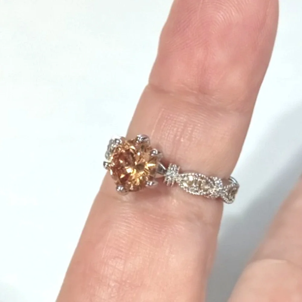 Amber Glass Round Rhinestone Silver Tone Ring Size‎ 7 Ornate R-TN20